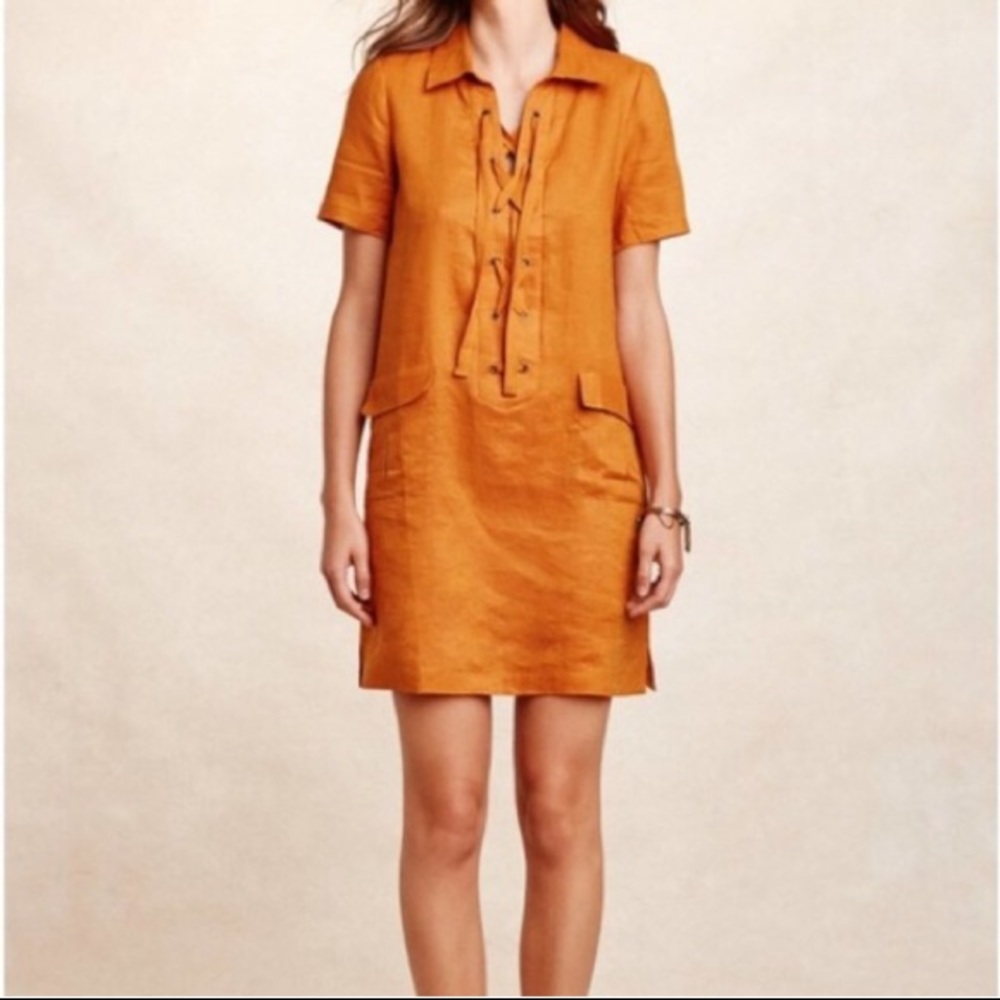 Anthro Maeve orange copper lace up linen dress Sz 6 VGUC